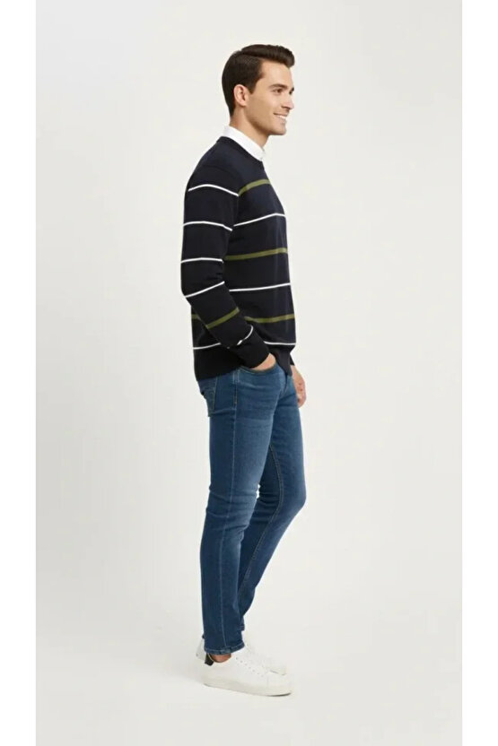 Erkek Bisiklet Yaka Cizgili Triko Kazak Yumuşak Dokulu Pamuklu Ince Dokuma, Uzun Kollu Rahat Regular