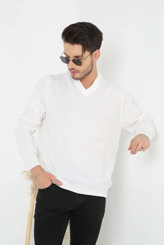 Erkek V Yaka Triko Kazak yumuşak dokulu Pamuklu ince Dokuma, uzun kollu Rahat Regular kalıp - Beyaz