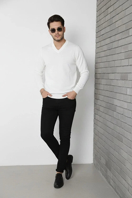 Erkek V Yaka Triko Kazak yumuşak dokulu Pamuklu ince Dokuma, uzun kollu Rahat Regular kalıp - Beyaz