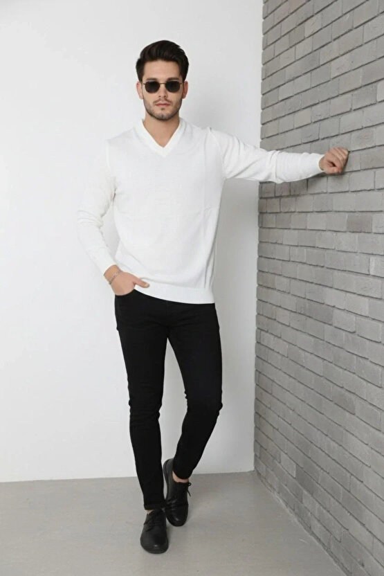 Erkek V Yaka Triko Kazak yumuşak dokulu Pamuklu ince Dokuma, uzun kollu Rahat Regular kalıp - Beyaz