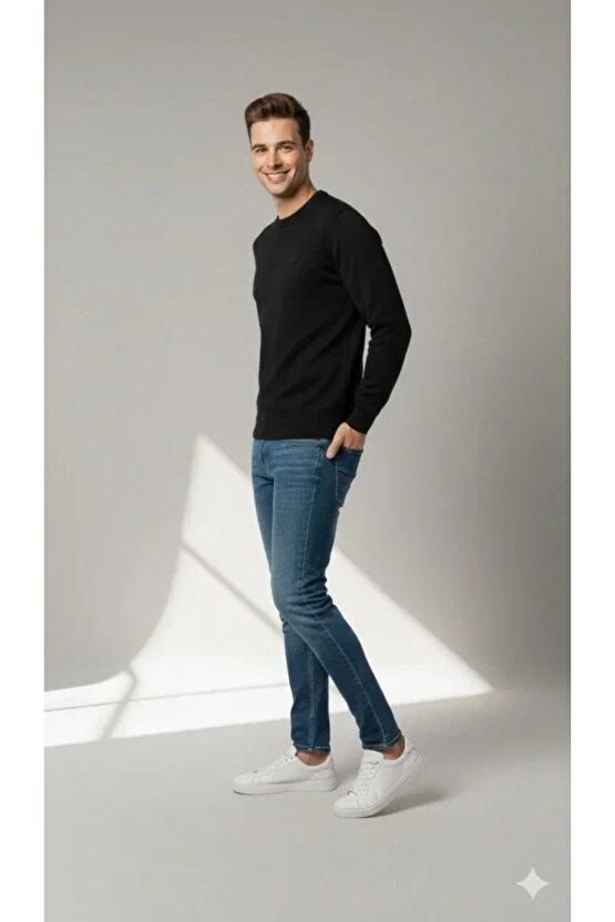 Erkek Bisiklet Yaka Nakış Işlemeli Triko Kazak Yumuşak Dokulu Pamuklu Ince Dokuma, Uzun Kollu Rahat