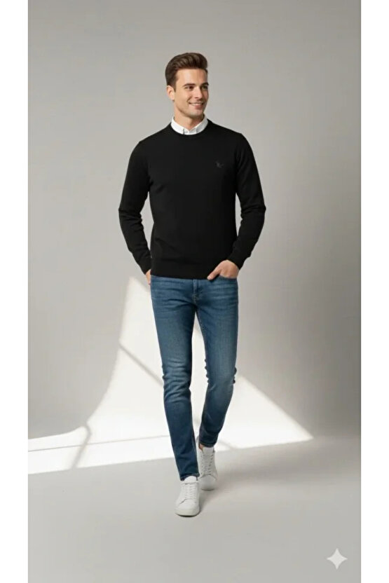 Erkek Bisiklet Yaka Nakış Işlemeli Triko Kazak Yumuşak Dokulu Pamuklu Ince Dokuma, Uzun Kollu Rahat