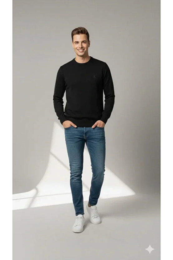 Erkek Bisiklet Yaka Nakış Işlemeli Triko Kazak Yumuşak Dokulu Pamuklu Ince Dokuma, Uzun Kollu Rahat