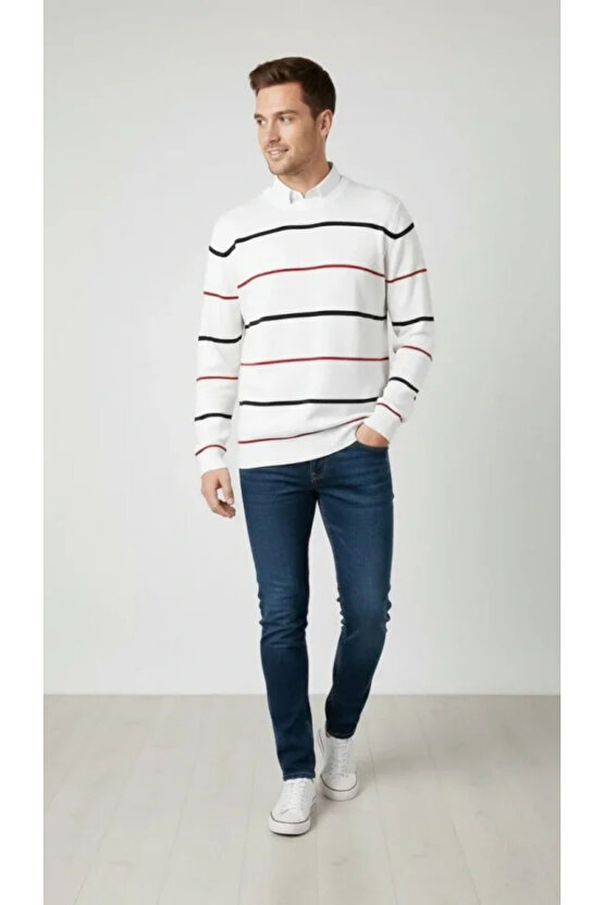 Erkek Bisiklet Yaka Cizgili Triko Kazak Yumuşak Dokulu Pamuklu Ince Dokuma, Uzun Kollu Rahat Regular