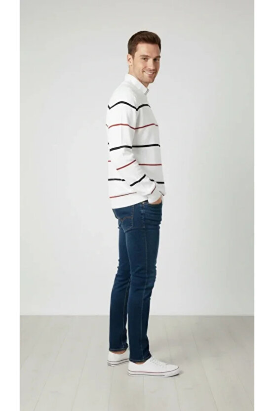 Erkek Bisiklet Yaka Cizgili Triko Kazak Yumuşak Dokulu Pamuklu Ince Dokuma, Uzun Kollu Rahat Regular