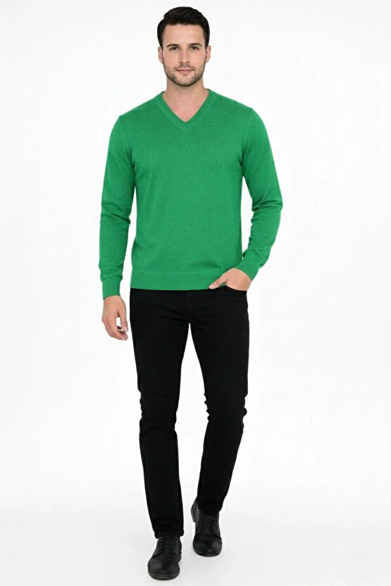 Erkek V Yaka Triko Kazak yumuşak dokulu Pamuklu ince Dokuma, uzun kollu Rahat Regular kalıp - Çimen