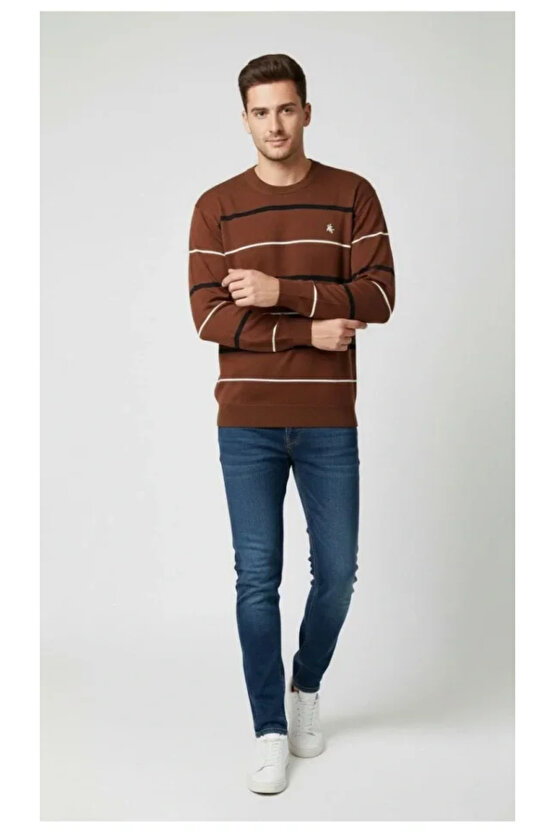 Erkek Bisiklet Yaka Cizgili Triko Kazak Yumuşak Dokulu Pamuklu Ince Dokuma, Uzun Kollu Rahat Regular