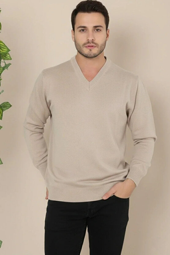 Erkek V Yaka Triko Kazak yumuşak dokulu Pamuklu ince Dokuma, uzun kollu Rahat Regular kalıp - Bej