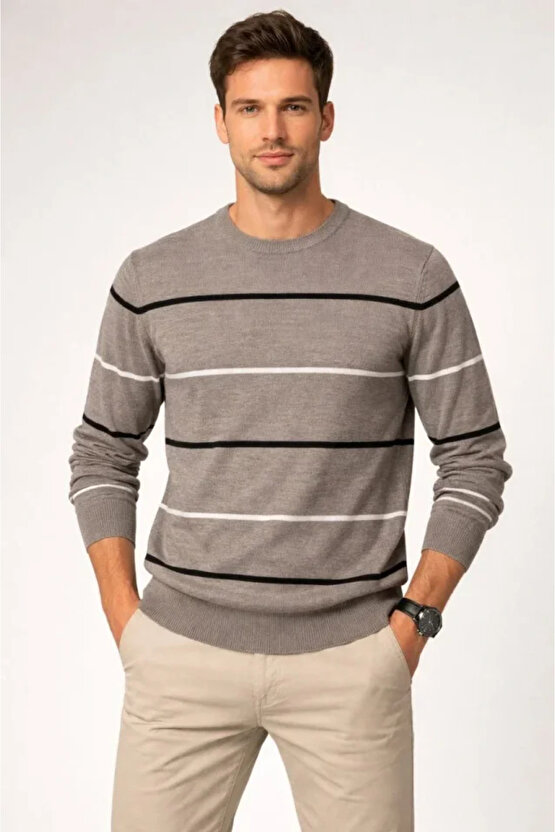 Erkek Bisiklet Yaka Cizgili Triko Kazak Yumuşak Dokulu Pamuklu Ince Dokuma, Uzun Kollu Rahat Regular