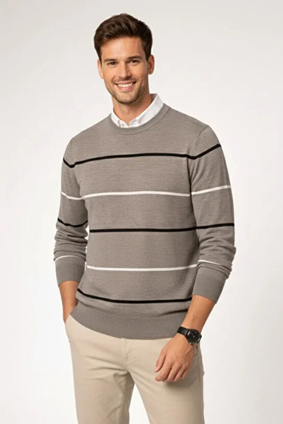 Erkek Bisiklet Yaka Cizgili Triko Kazak Yumuşak Dokulu Pamuklu Ince Dokuma, Uzun Kollu Rahat Regular