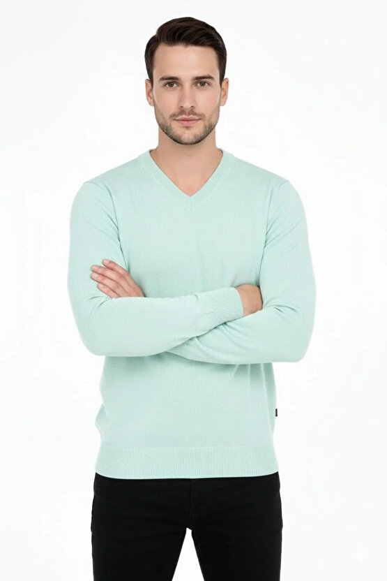 Erkek V Yaka Triko Kazak yumuşak dokulu Pamuklu ince Dokuma, uzun kollu Rahat Regular kalıp - Mint Y