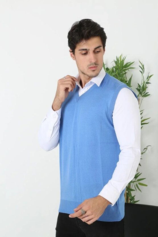 Erkek V Yaka Kolsuz Süveter Triko Kazak yumuşak dokulu Pamuklu ince Dokuma Rahat Regular kalıp - Mav