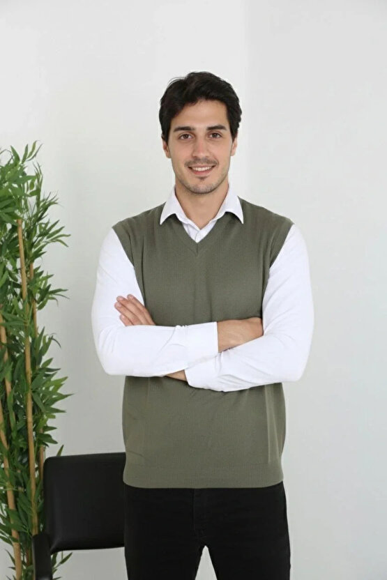 Erkek V Yaka Kolsuz Süveter Triko Kazak yumuşak dokulu Pamuklu ince Dokuma Rahat Regular kalıp - Hak