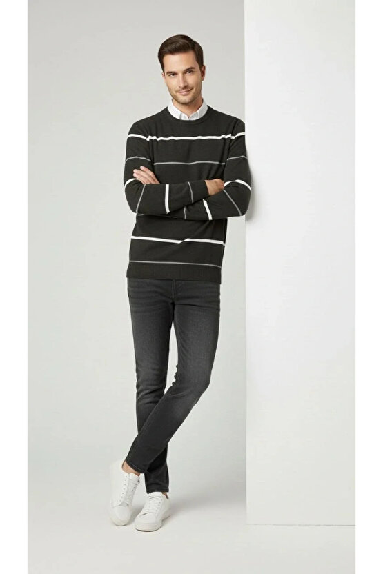 Erkek Bisiklet Yaka Cizgili Triko Kazak yumuşak dokulu Pamuklu ince Dokuma, uzun kollu Rahat Regular