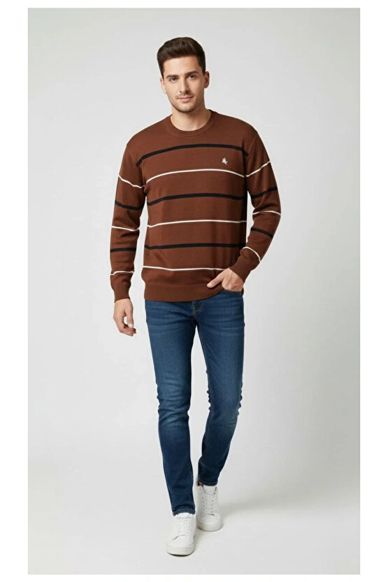 Erkek Bisiklet Yaka Cizgili Triko Kazak yumuşak dokulu Pamuklu ince Dokuma, uzun kollu Rahat Regular