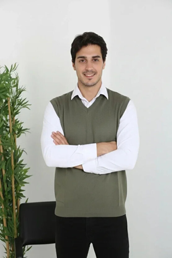 Erkek V Yaka Kolsuz Süveter Triko Kazak Yumuşak Dokulu Pamuklu Ince Dokuma Rahat Regular Kalıp - Hak