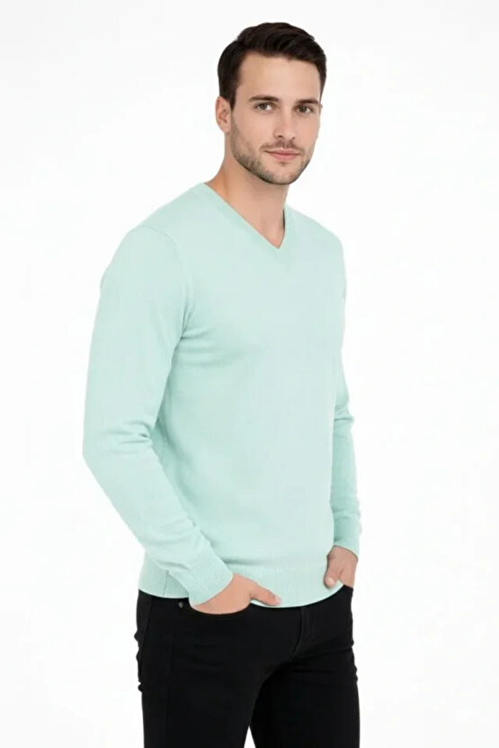 Erkek V Yaka Triko Kazak Yumuşak Dokulu Pamuklu Ince Dokuma, Uzun Kollu Rahat Regular Kalıp - Mint Y