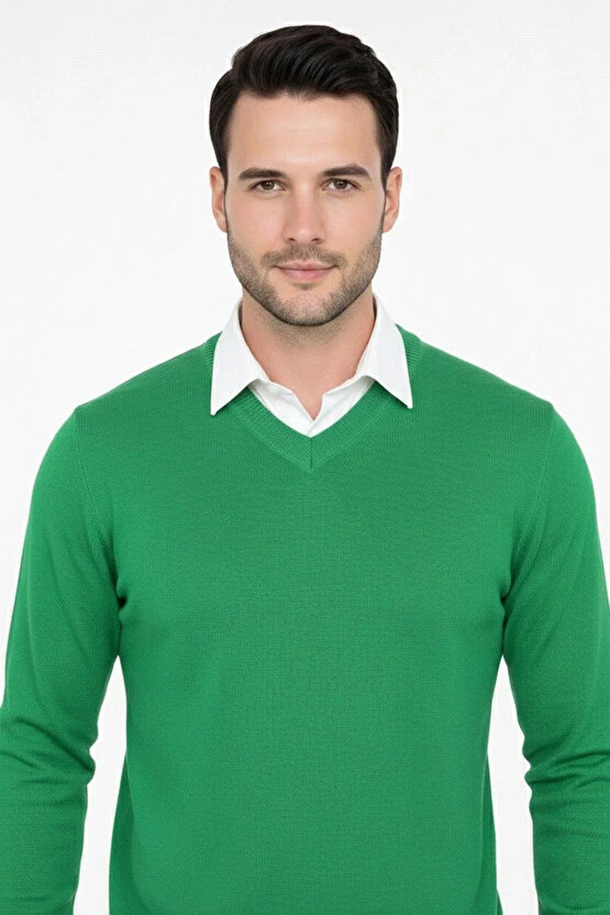 Erkek V Yaka Triko Kazak yumuşak dokulu Pamuklu ince Dokuma, uzun kollu Rahat Regular kalıp - Çimen