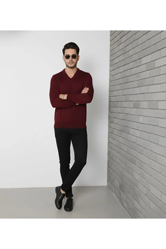 Erkek V Yaka Triko Kazak yumuşak dokulu Pamuklu ince Dokuma, uzun kollu Rahat Regular kalıp - Bordo