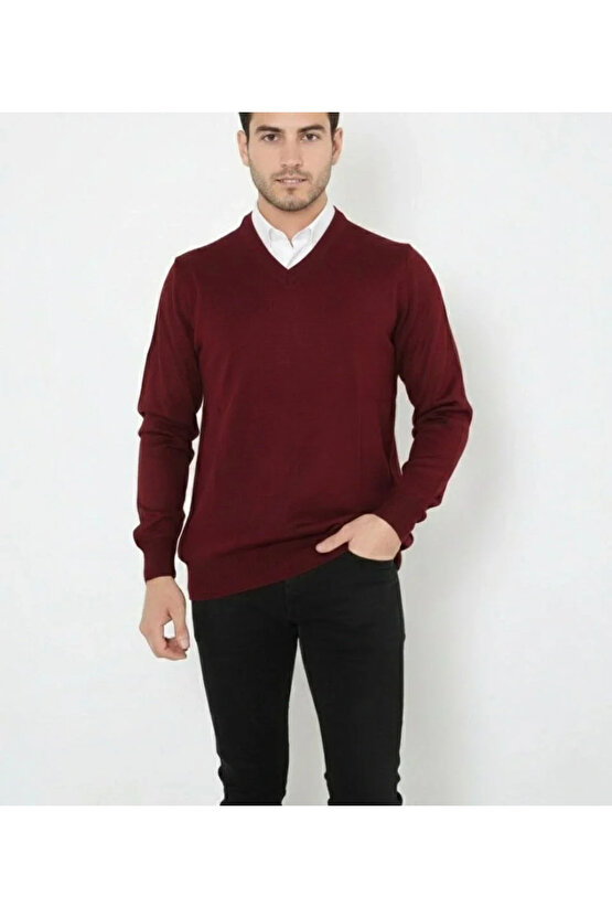 Erkek V Yaka Triko Kazak yumuşak dokulu Pamuklu ince Dokuma, uzun kollu Rahat Regular kalıp - Bordo