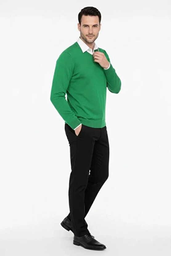 Erkek V Yaka Triko Kazak Yumuşak Dokulu Pamuklu Ince Dokuma, Uzun Kollu Rahat Regular Kalıp - Çimen