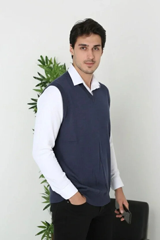 Erkek V Yaka Kolsuz Süveter Triko Kazak Yumuşak Dokulu Pamuklu Ince Dokuma Rahat Regular Kalıp - Lac