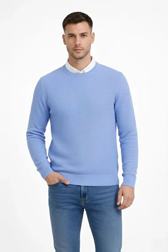 Erkek Bisiklet Yaka Petekli Dokulu Triko Kazak Pamuklu Ince Dokuma, Uzun Kollu Rahat Regular Kalıp -