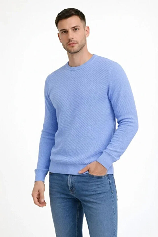 Erkek Bisiklet Yaka Petekli Dokulu Triko Kazak Pamuklu Ince Dokuma, Uzun Kollu Rahat Regular Kalıp -