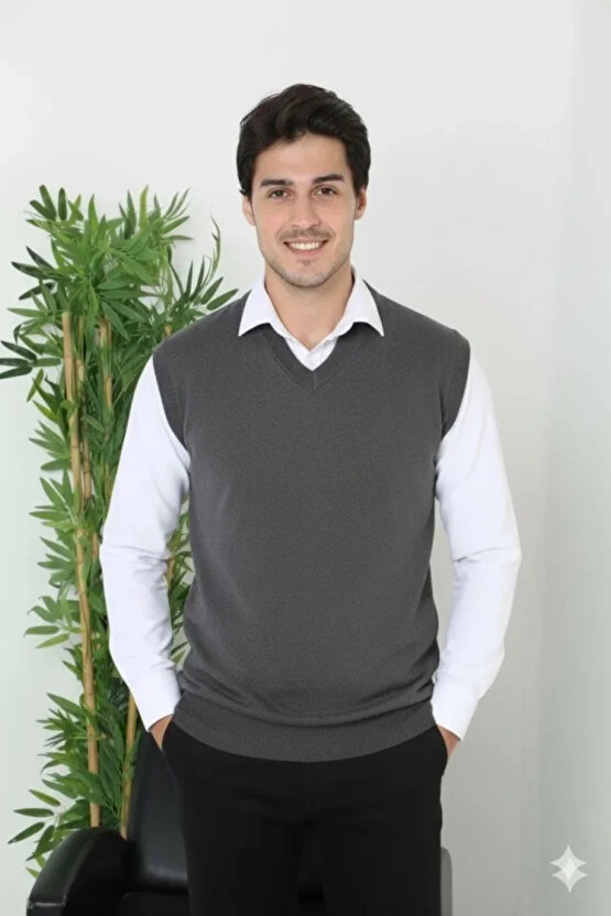 Erkek V Yaka Kolsuz Süveter Triko Kazak Yumuşak Dokulu Pamuklu Ince Dokuma Rahat Regular Kalıp - Füm