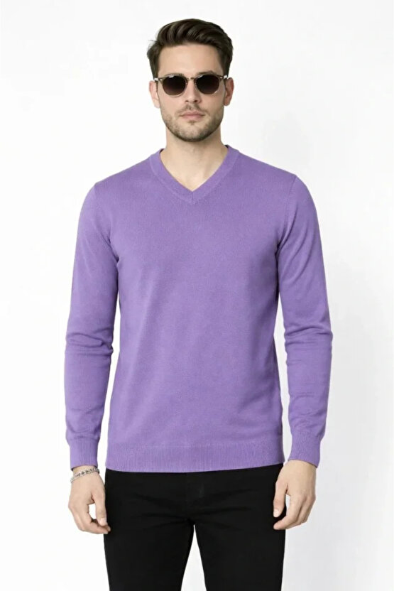 Erkek V Yaka Triko Kazak Yumuşak Dokulu Pamuklu Ince Dokuma, Uzun Kollu Rahat Regular Kalıp - Mor