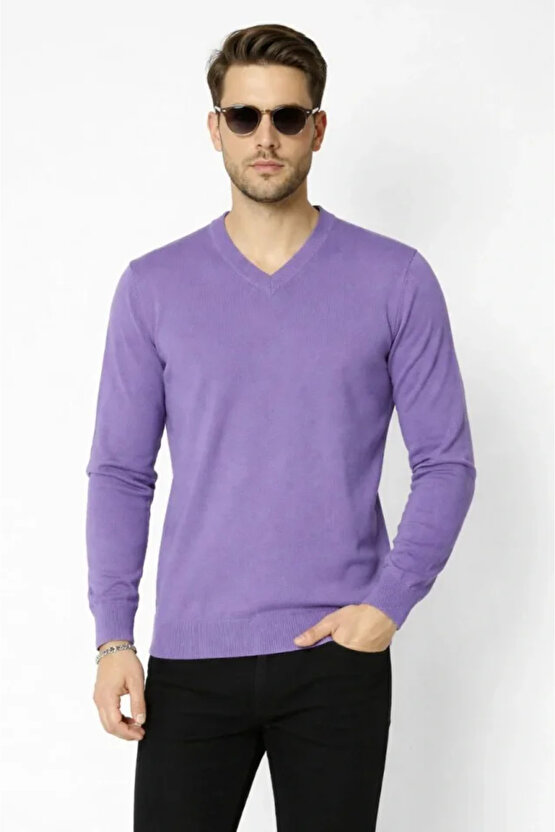 Erkek V Yaka Triko Kazak Yumuşak Dokulu Pamuklu Ince Dokuma, Uzun Kollu Rahat Regular Kalıp - Mor