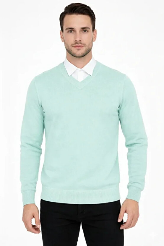 Erkek V Yaka Triko Kazak Yumuşak Dokulu Pamuklu Ince Dokuma, Uzun Kollu Rahat Regular Kalıp - Mint Y