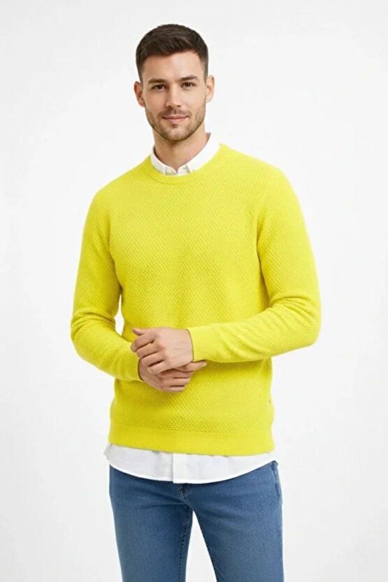 Erkek Bisiklet Yaka Petekli Dokulu Triko Kazak Pamuklu Ince Dokuma, Uzun Kollu Rahat Regular Kalıp -