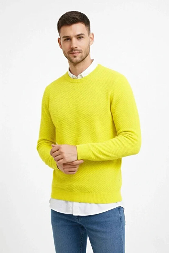 Erkek Bisiklet Yaka Petekli Dokulu Triko Kazak Pamuklu Ince Dokuma, Uzun Kollu Rahat Regular Kalıp -