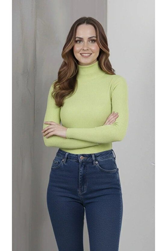 Kadın Tam Boğazlı Fitilli Likrali Kaşkorse Badi İnce Uzun Kollu Kazak - Mint Yeşili