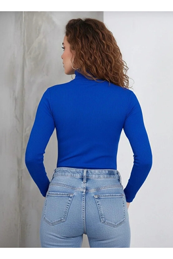 Kadın Tam Boğazlı Fitilli Likrali Kaşkorse Badi İnce Uzun Kollu Kazak - Saks Mavisi