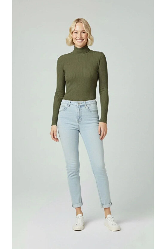 Kadın Tam Boğazlı Fitilli Likrali Kaşkorse Badi İnce Uzun Kollu Rahat Kazak - Haki