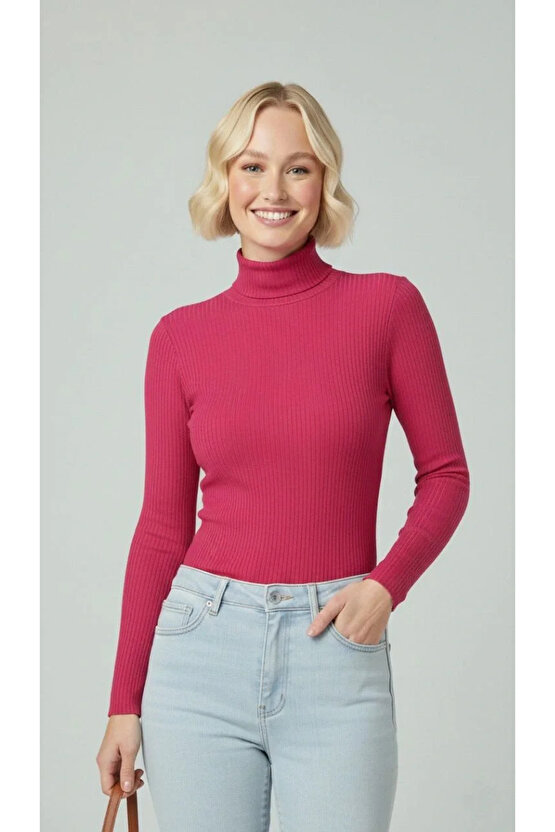 Kadın Tam Boğazlı Fitilli Likrali Kaşkorse Badi İnce Uzun Kollu Kazak - Pembe