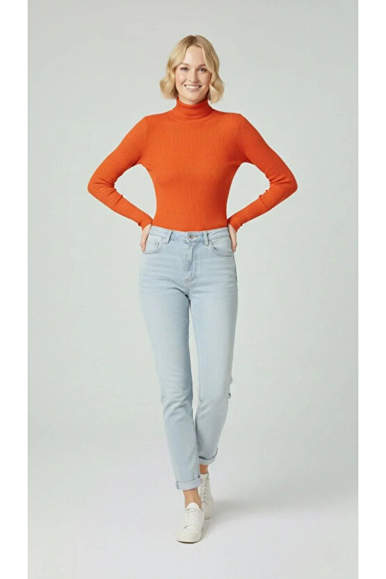 Kadın Tam Boğazlı Fitilli Likrali Kaşkorse Badi İnce Uzun Kollu Kazak - Turuncu