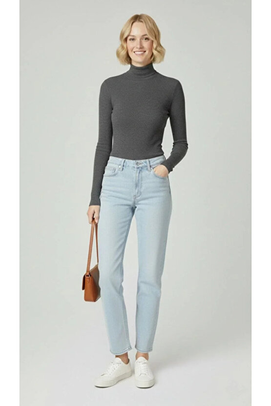 Kadın Tam Boğazlı Fitilli Likrali Kaşkorse Badi İnce Uzun Kollu Kazak - Antrasit