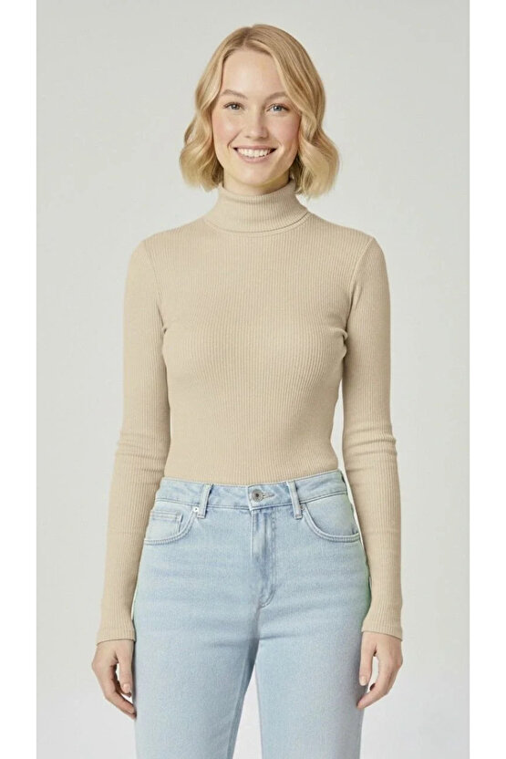 Kadın Tam Boğazlı Fitilli Likrali Kaşkorse Badi İnce Uzun Kollu Kazak - Bej