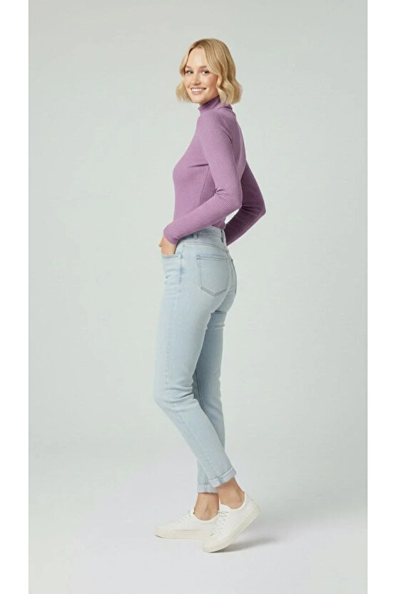 Kadın Tam Boğazlı Fitilli Likrali Kaşkorse Badi İnce Uzun Kollu Kazak - Mor