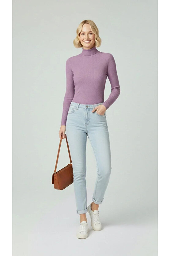 Kadın Tam Boğazlı Fitilli Likrali Kaşkorse Badi İnce Uzun Kollu Kazak - Mor