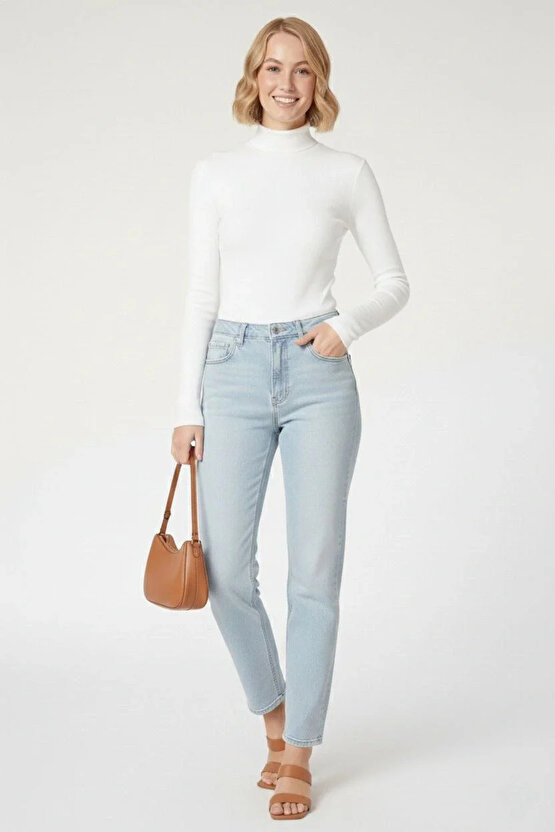 Kadın Tam Boğazlı Fitilli Likrali Kaşkorse Badi İnce Uzun Kollu Kazak - Beyaz