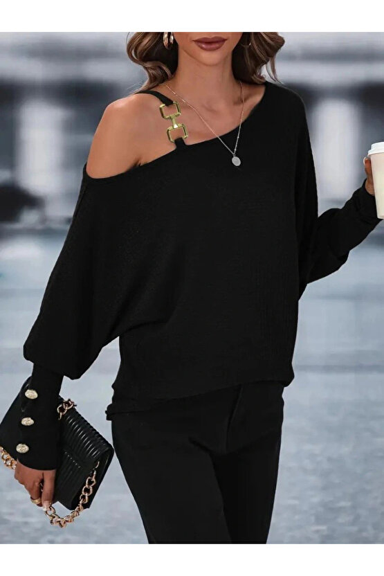 Kadın Uzun Kollu Tek Omuzdan Açık Askı Detaylı Waffle Bluz