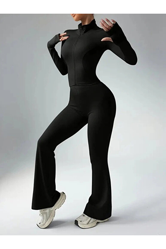 Kadın Uzun Kollu önden Fermuarlı Kısa Dalgıç Bluz Ve Pantolon Ikili Takım