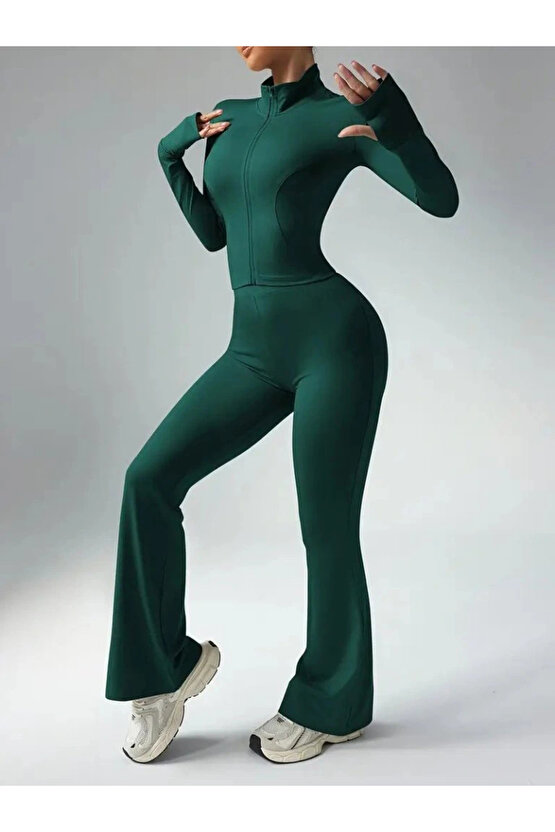 Kadın Uzun Kollu önden Fermuarlı Kısa Dalgıç Bluz Ve Pantolon Ikili Takım