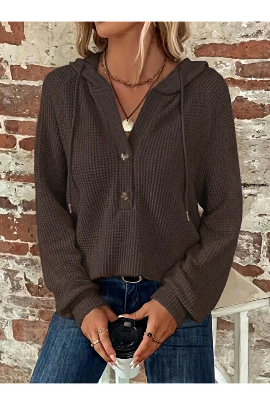 Kadın Uzun Kollu Kapşonlu önü Düğmeli Ve Bağcıklı Waffle Bluz