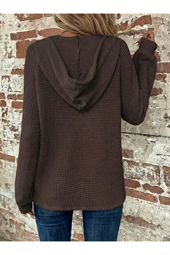 Kadın Uzun Kollu Kapşonlu önü Düğmeli Ve Bağcıklı Waffle Bluz