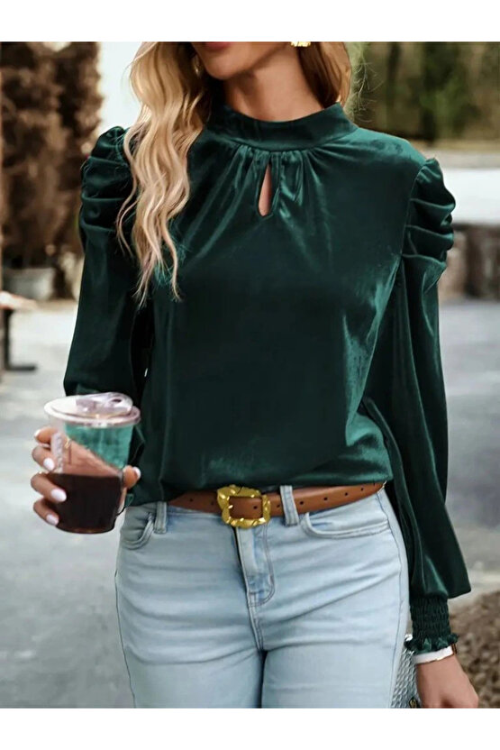 Kadın Uzun Kollu Balıkçı Yaka Damla Detaylı Kadife Bluz
